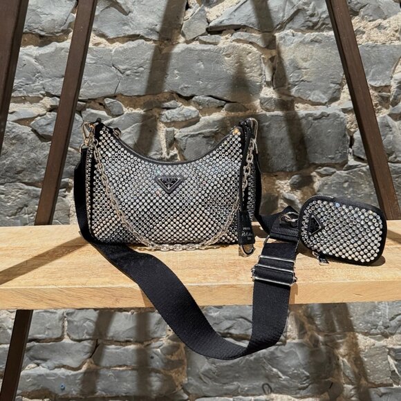 Prada Re-Edition 2005 Crystal Embellished Satin Shoulder Bag W/ Pouch - Picture 1 of 16